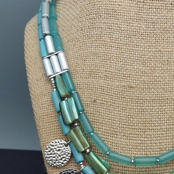 Aqua Blue & Silver Tone Multi Strand Collar Bib Necklace Dangle Hammered Discs - Picture 5 of 10